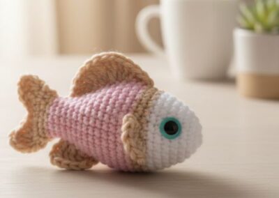 Horgolt halacska egy világos faasztalon, növényekkel díszített, természetes fényben fotózva.