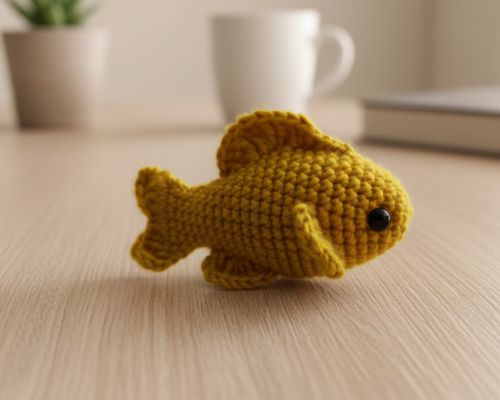 Arany horgolt halacska faasztalon, természetes fényben, kézzel készített amigurumi dekoráció.