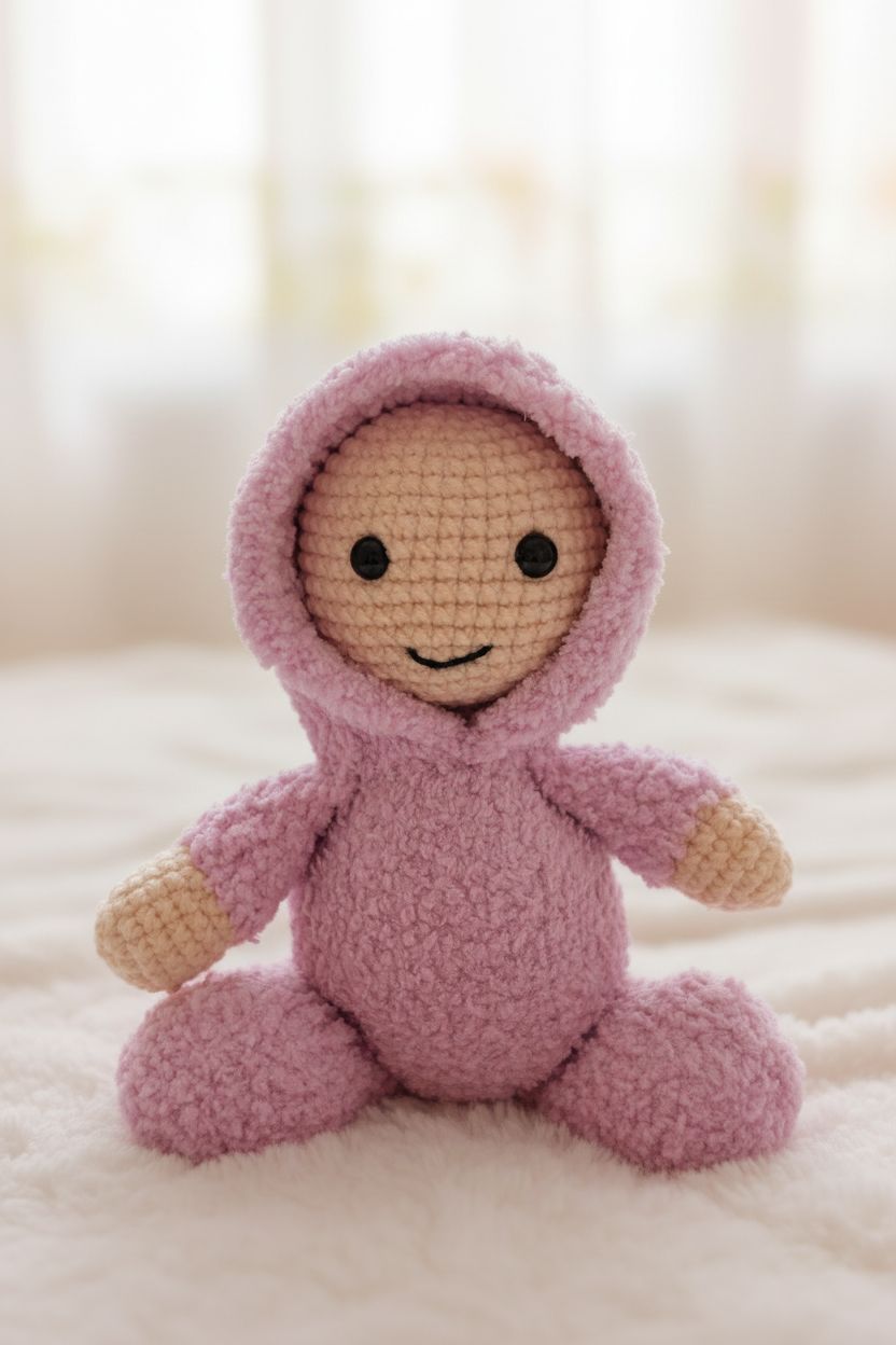 puha baba kapucnival, kézzel horgolt alvóbaba Alize Softy fonalból